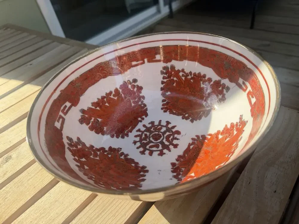 Japanese China MCM Bowl - Porcelain Hand Painted Red/Orange Gold Floral 10”